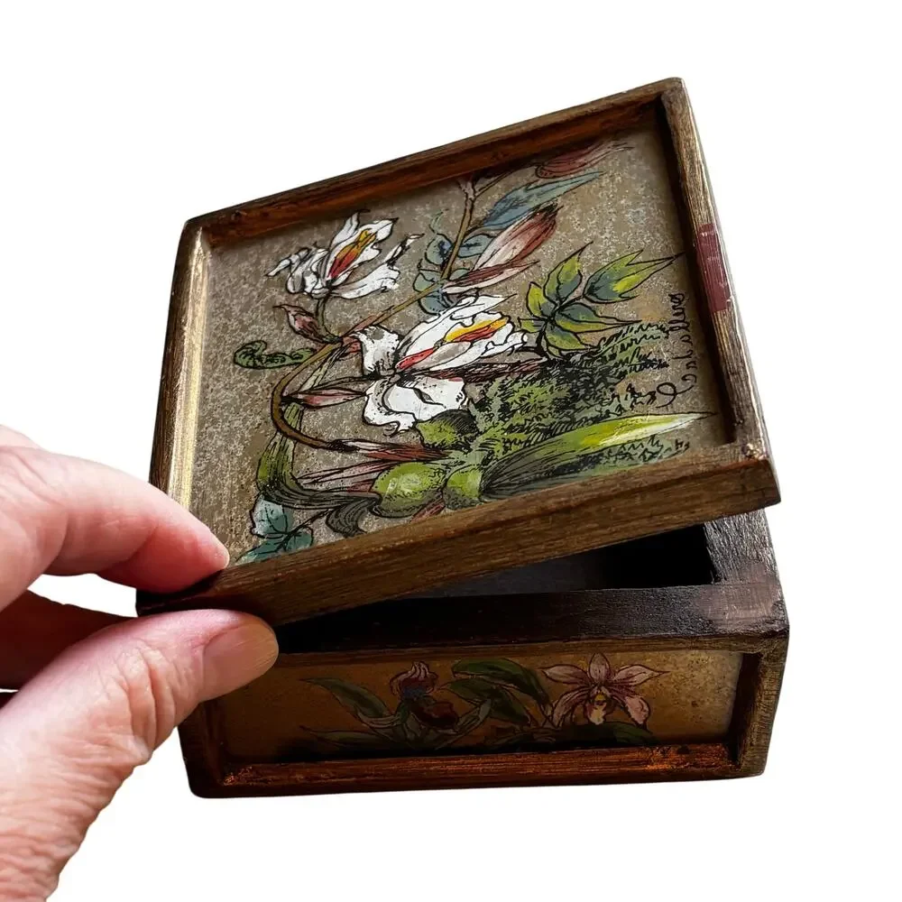Vintage trinket box hinged lid wood hand painted floral glass & golden finish